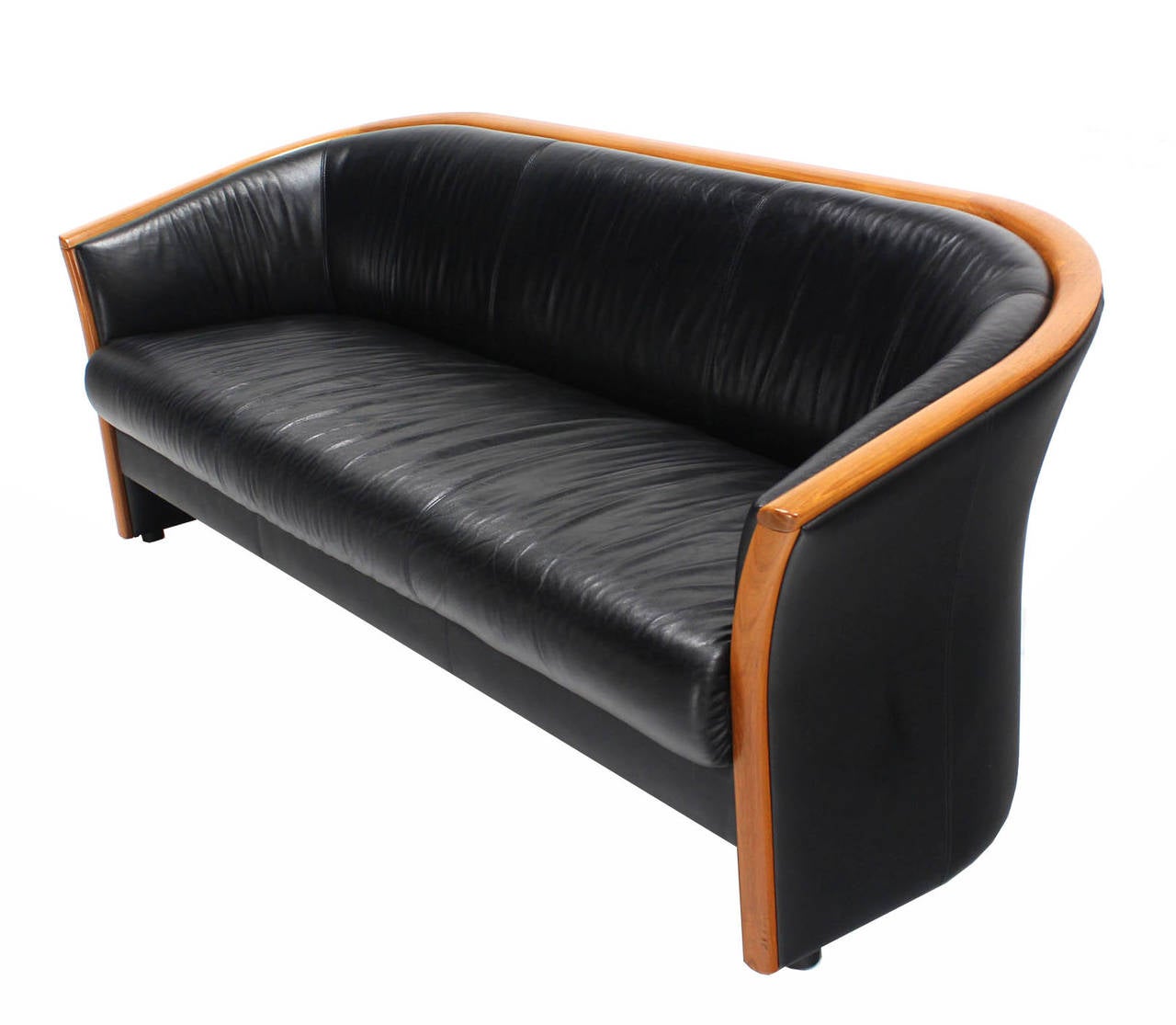 American Danish Modern Teak and Black Leather Sofa and Barrel Back Armchair