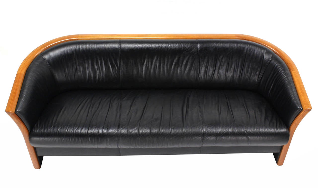 20th Century Danish Modern Teak and Black Leather Sofa and Barrel Back Armchair