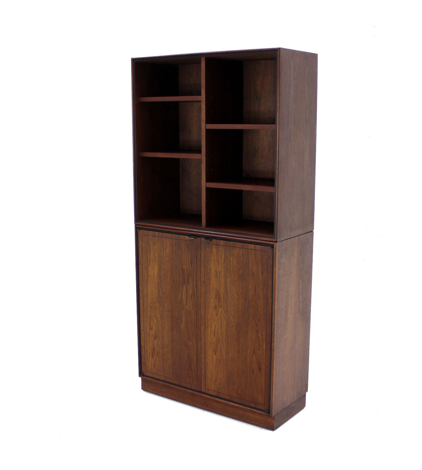 Danish Mid Century Modern Walnut 2 Part Storage Cabinet Bookcase Shelf Wall Unit
