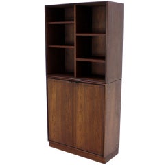 Danish Mid Century Modern Walnut 2 Part Storage Cabinet Bookcase Shelf Wall Unit