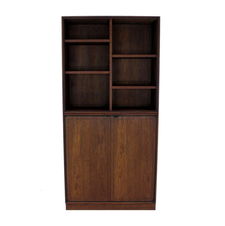 Mid-20th Century Danish Mid Century Modern Walnut 2 Part Storage Cabinet Bookcase Shelf Wall Unit