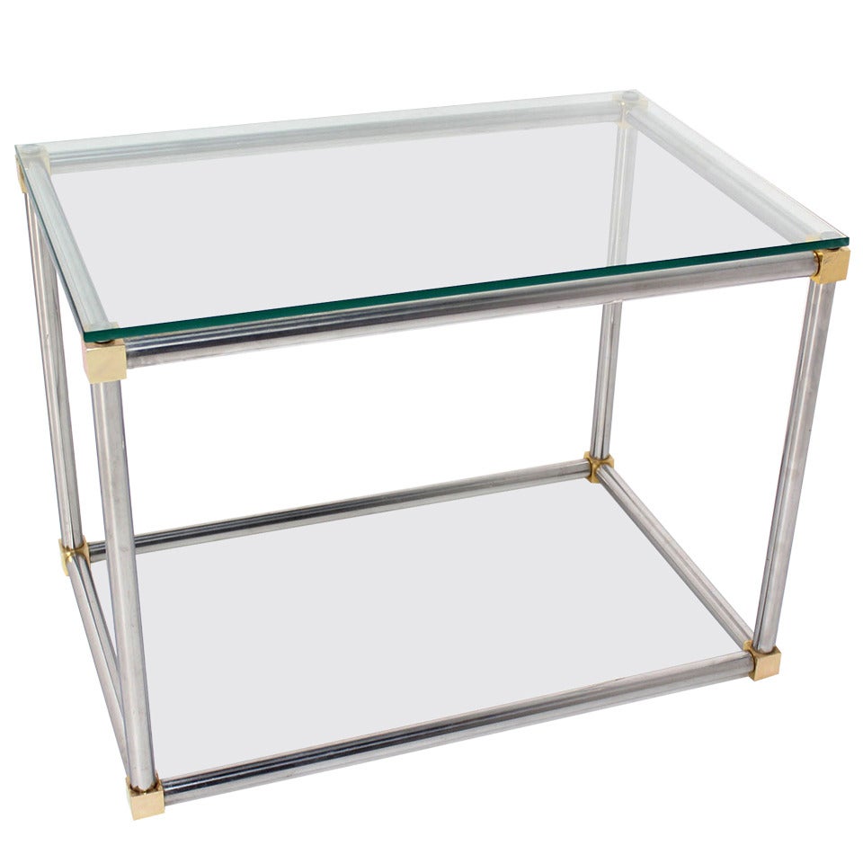 Chrome, Brass and Glass Cube Shape Mid-Century Modern Side Table by Mastercraft