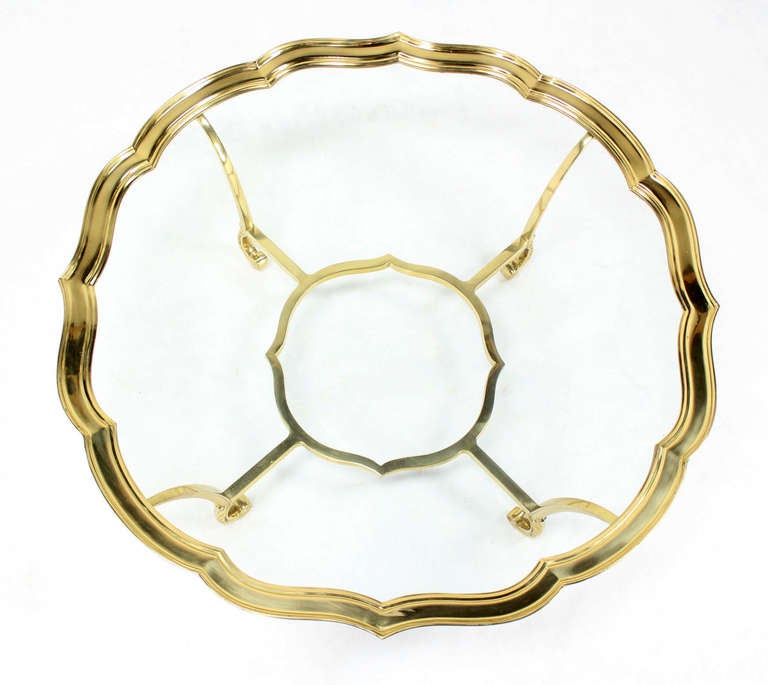 American Scalloped Edge Glass and Brass Mid-Century Modern Coffee Table Round For Sale