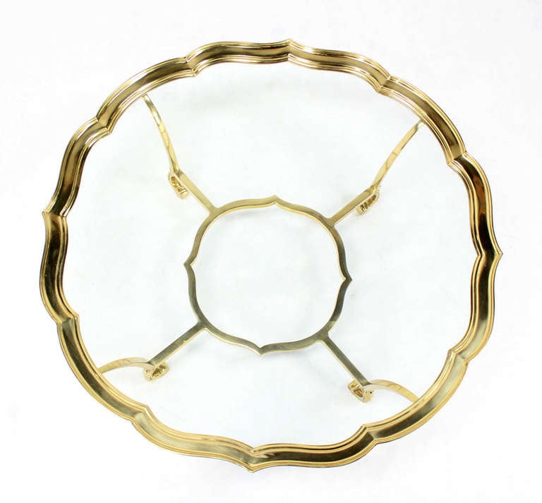 20th Century Scalloped Edge Glass and Brass Mid-Century Modern Coffee Table Round For Sale