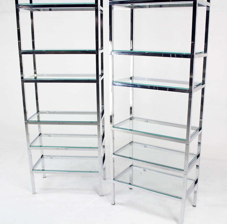 Polished Pair of Tall and Narrow Chrome & Glass Etageres