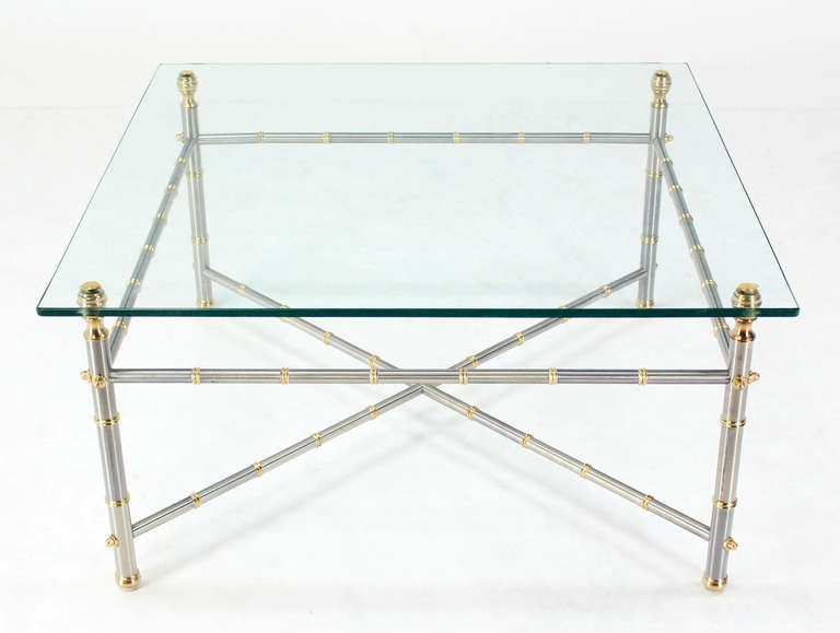 Brushed Metal Faux Bamboo, Chrome and Brass Base, Glass-Top Square Coffee Table