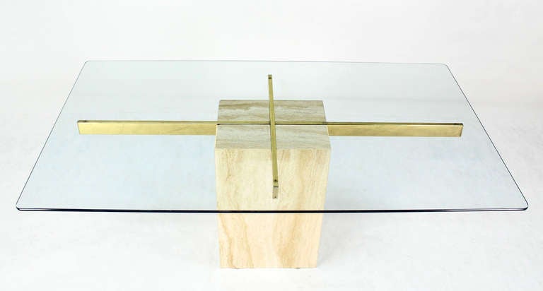 American Travertine Pedestal Base Glass Top Mid Century Modern Dining Table