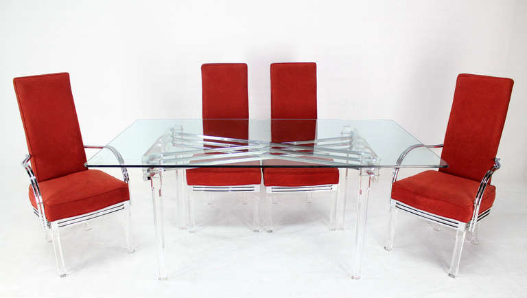 Mid Century Modern Set of Six Dining Chairs and Table in Lucite Chrome Glass 1