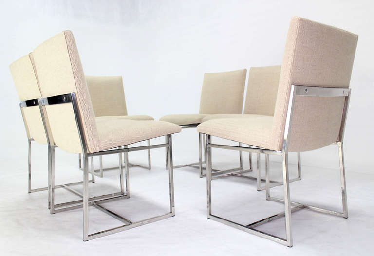 Set of 6 mid century modern stainless steel dining chairs newly upholstered in tweed pattern 100% hemp fabric.
