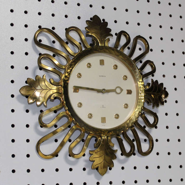 Semca Mid-Century Modern Bronze Sunburst Clock Made in Switzerland 2
