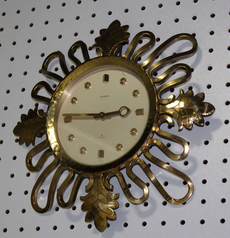 Semca Mid-Century Modern Bronze Sunburst Clock Made in Switzerland 1