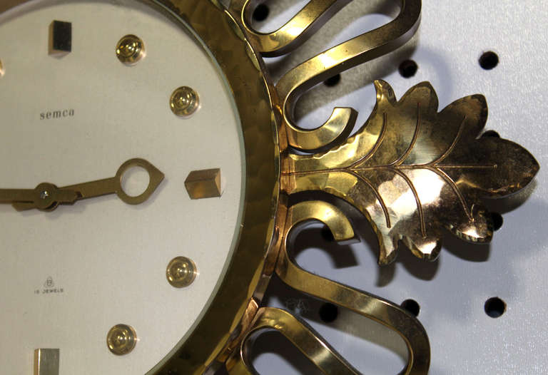 20th Century Semca Mid-Century Modern Bronze Sunburst Clock Made in Switzerland