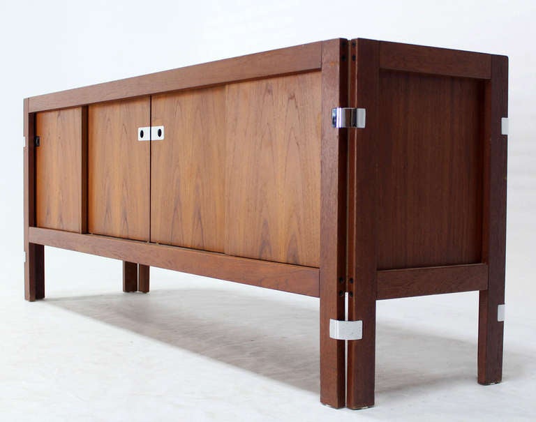 Danish Midcentury Modern Long Teak Credenza Dresser Sideboard with Sliding Doors 1