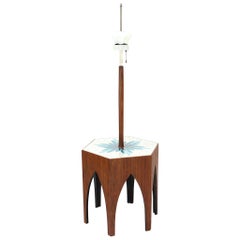 Tile and Oiled Walnut Floor Lamp Side Table