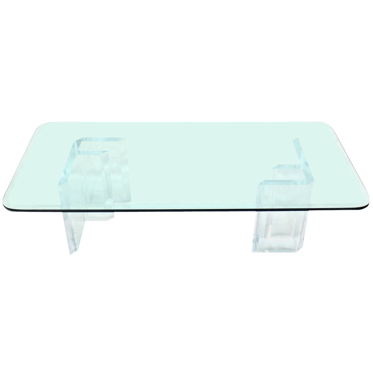 Large Thick Glass-Top and Lucite Base Coffee Table