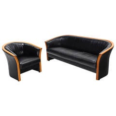 Danish Modern Teak and Black Leather Sofa and Barrel Back Armchair