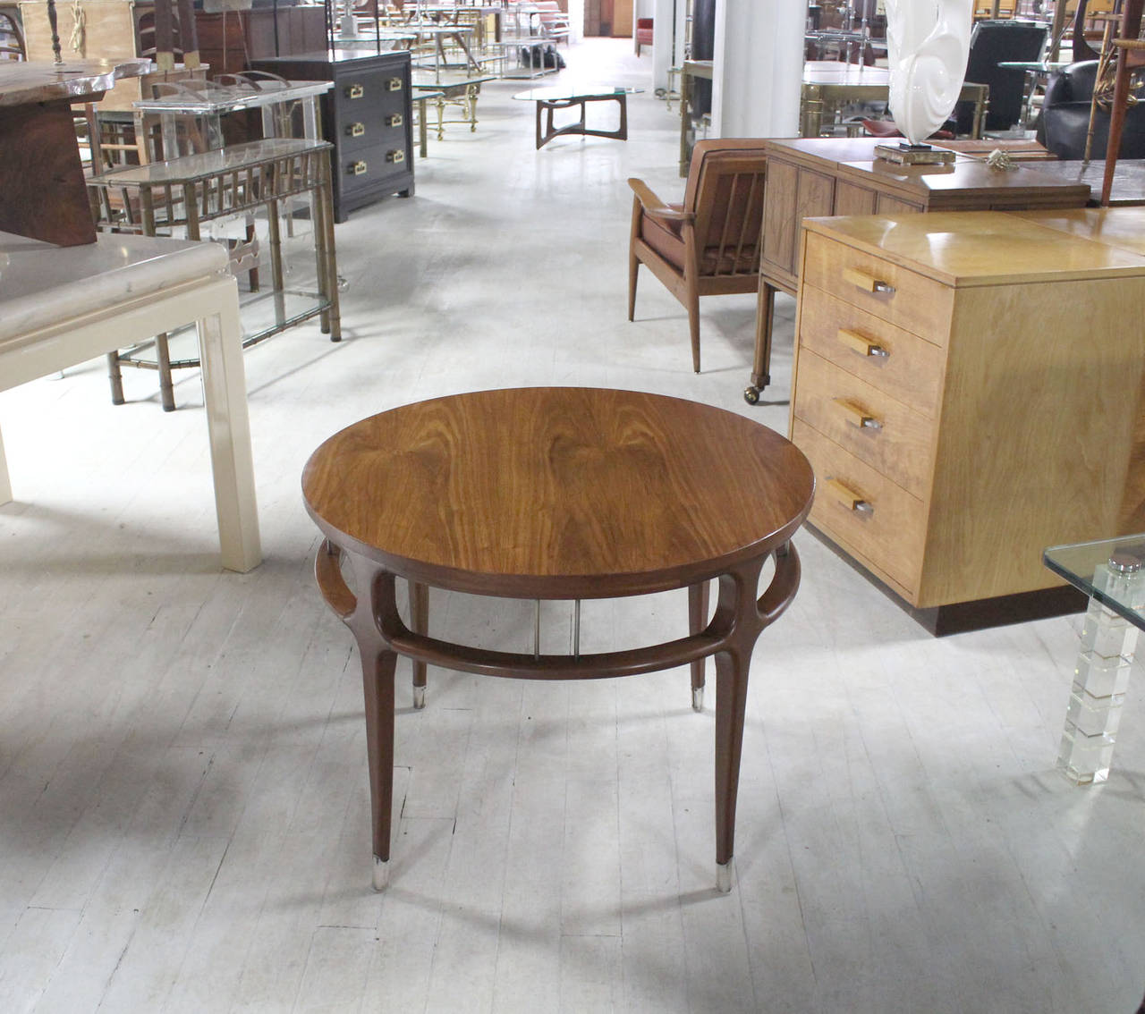 Mid-Century Modern Figural Round Walnut Center Table on Silver Feet