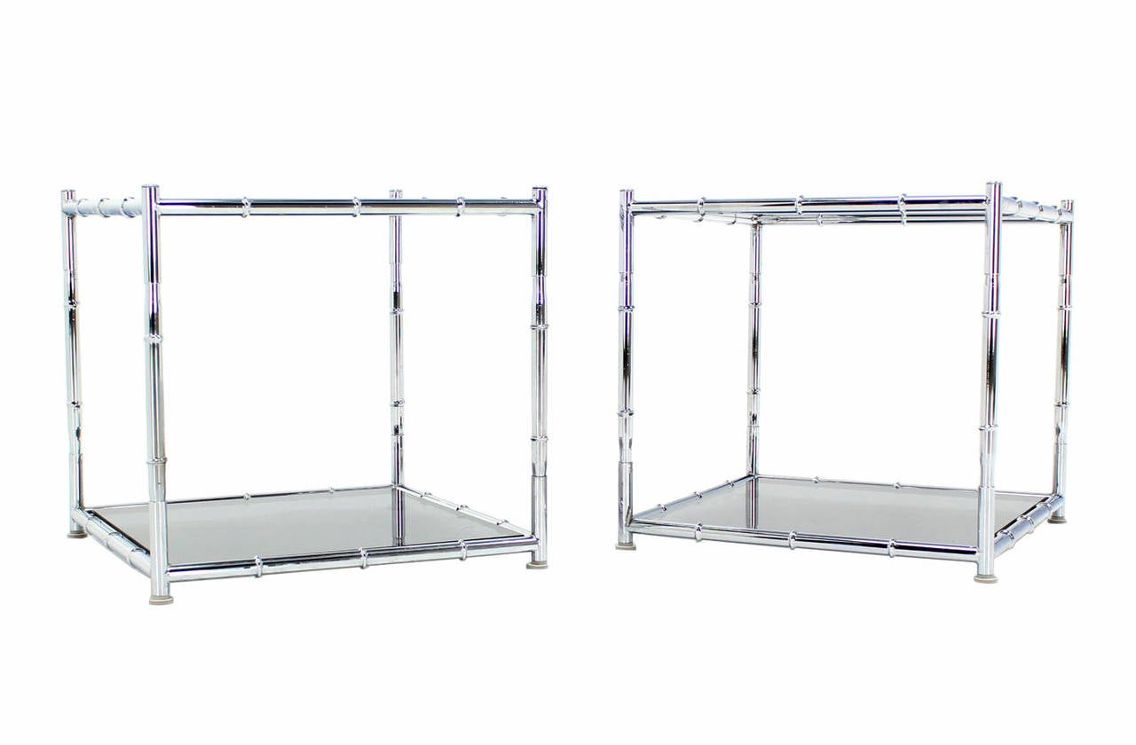 American Pair of Cube Shape Chrome Faux Bamboo Frame End Tables Smoked Glass Top