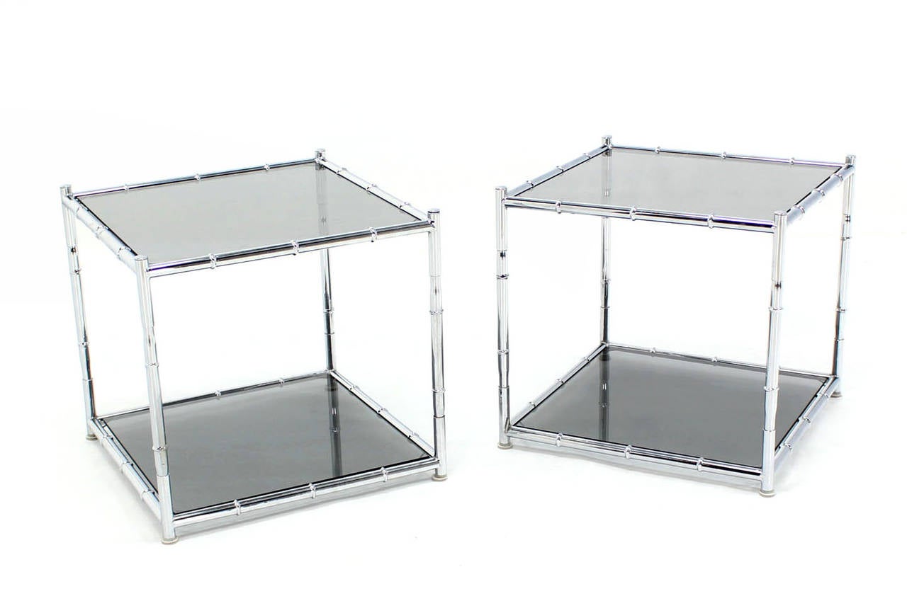 Pair of Cube Shape Chrome Faux Bamboo Frame End Tables Smoked Glass Top 3