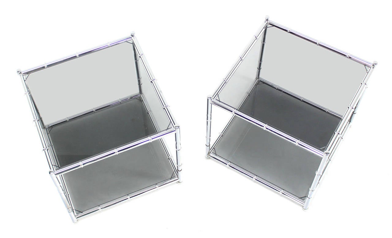 Mid-Century Modern Pair of Cube Shape Chrome Faux Bamboo Frame End Tables Smoked Glass Top