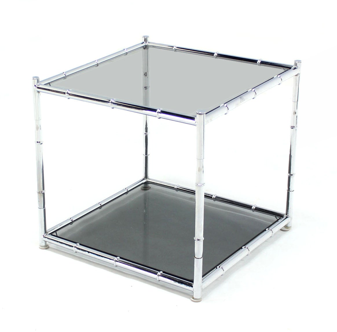 Pair of Cube Shape Chrome Faux Bamboo Frame End Tables Smoked Glass Top In Excellent Condition In Rockaway, NJ