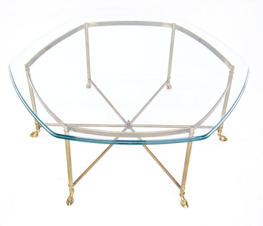 Mid-Century Modern Solid Brass Hoof Feet and Thick Glass Coffee Table