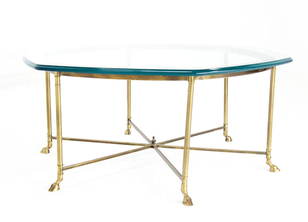 Italian Solid Brass Hoof Feet and Thick Glass Coffee Table