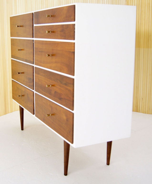 Lovely two tone white lacquer and walnut dresser attributed to Paul McCobb.