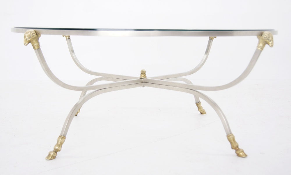 Mid-20th Century Jensen Style Steel and Brass Hoof and Ram's Head Coffee Table For Sale