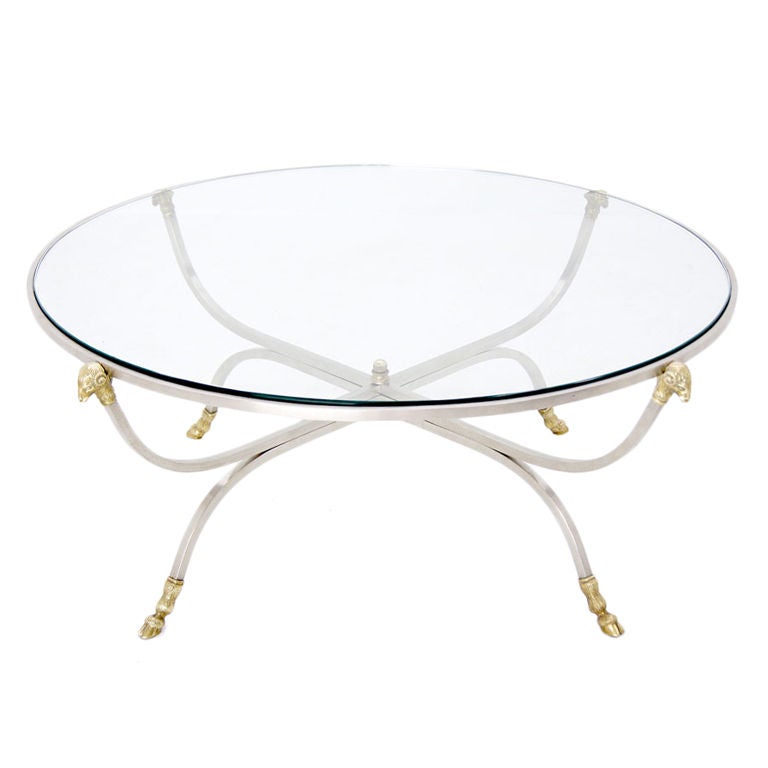 Jensen Style Steel and Brass Hoof and Ram's Head Coffee Table For Sale