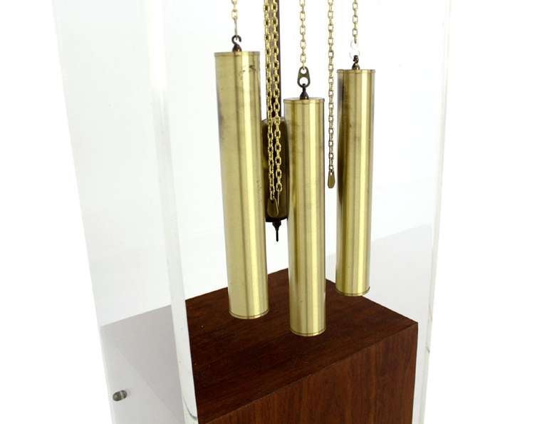 Very nice quality mid century modern lucite and walnut grandfather clock with chime.