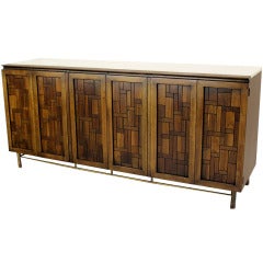 Marble Top Cityscape Brutalist Style Walnut Patchwork Credenza Dresser Cabinet