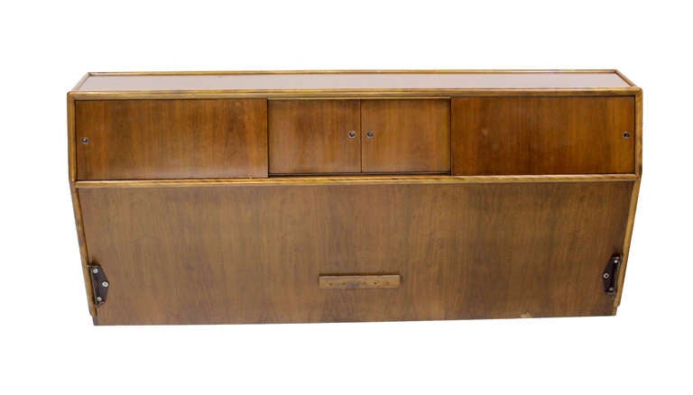 20th Century Mid-Century Modern Walnut King Headboard w/ Sliding Doors Compartment Cabinet