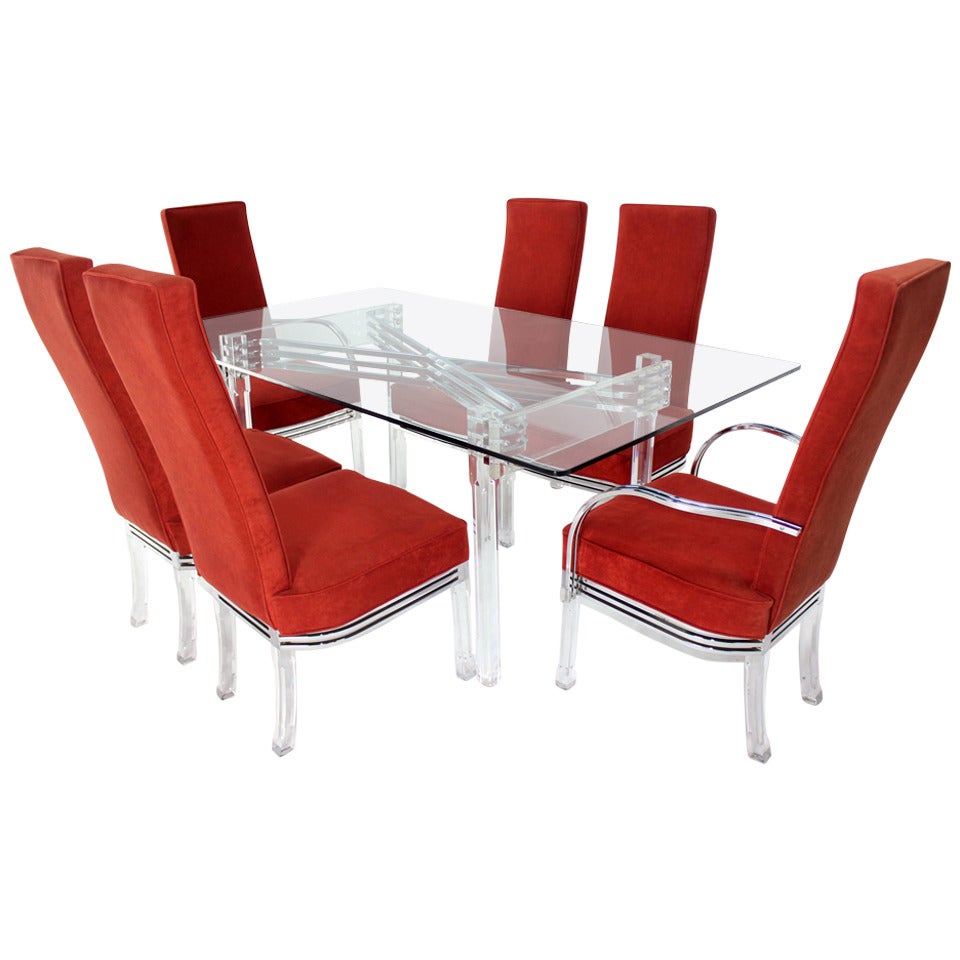Lucite Dining Table with Six High Back Lucite Chairs on Wheels at