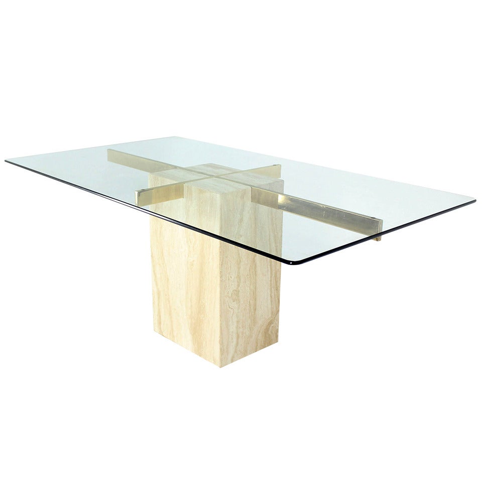 Travertine Pedestal Base Glass Top Mid Century Modern Dining Table