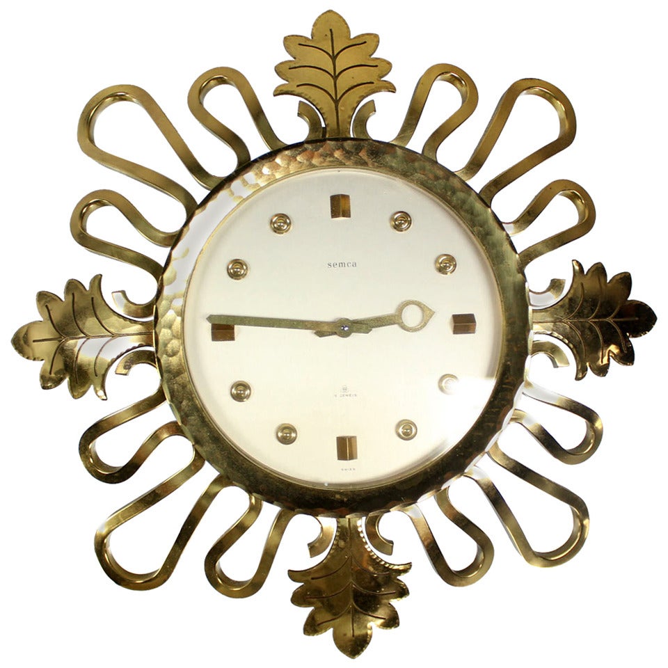 Semca Mid-Century Modern Bronze Sunburst Clock Made in Switzerland