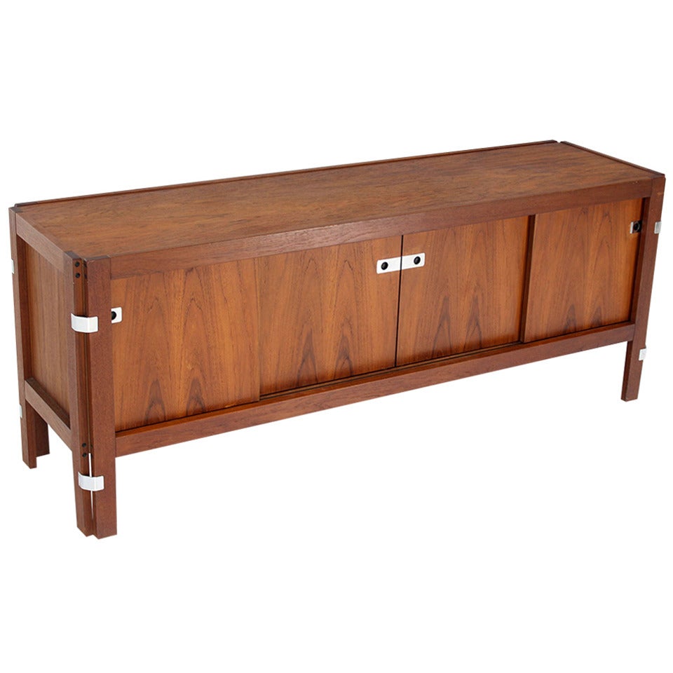 Danish Midcentury Modern Long Teak Credenza Dresser Sideboard with Sliding Doors