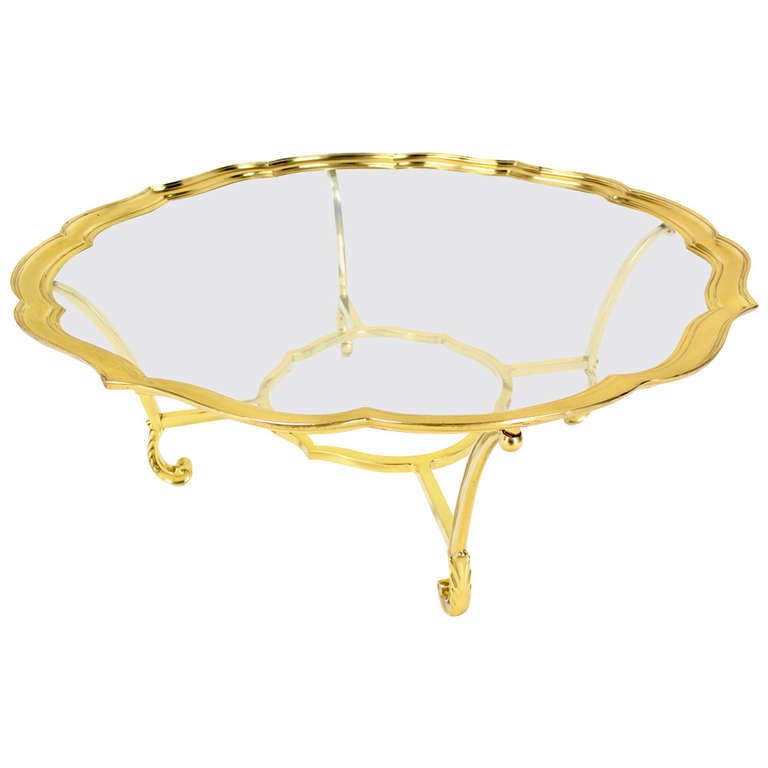 Scalloped Edge Glass and Brass Mid-Century Modern Coffee Table Round