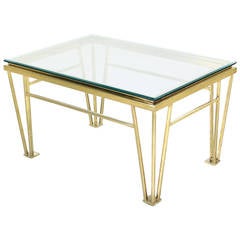 Vintage Geometric Frame Rectangular Brass Side Table w/ Glass Top