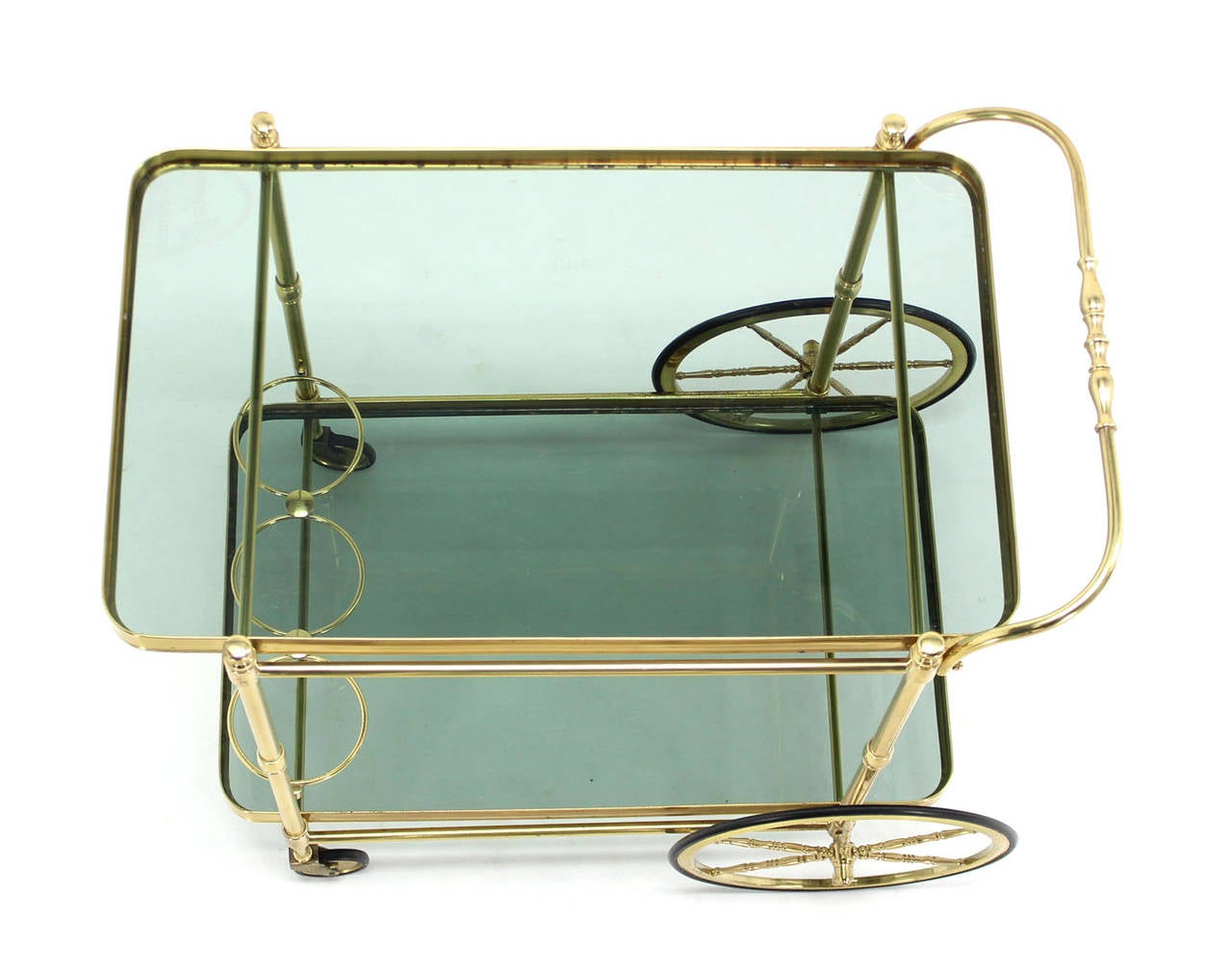 Brass and Green Bottle Shade Glass Italian Tea Cart In Excellent Condition In Rockaway, NJ