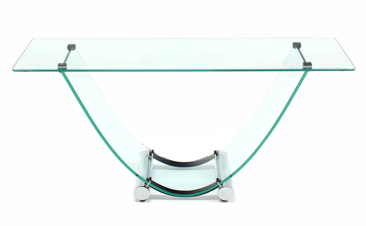 Mid-Century Modern U-Shape Bent Glass Console or Sofa Table with Glass Top