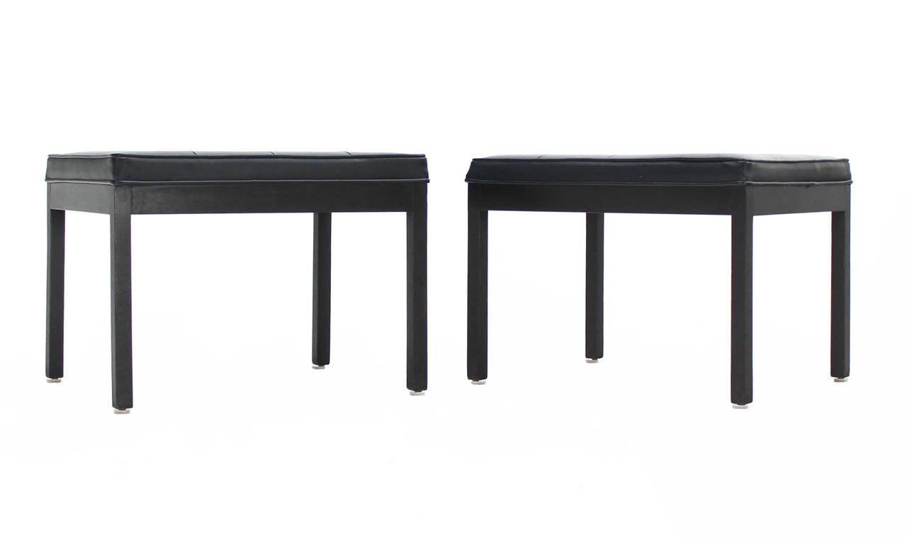 American Pair of Ebonized  Straight Square leg Upholstered Vintage Benches