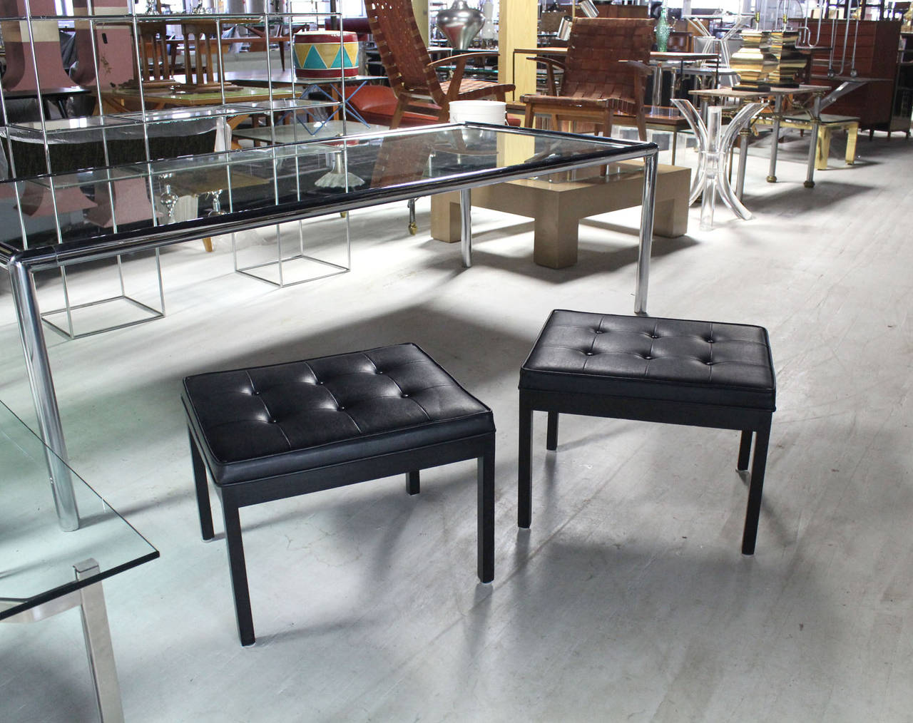 Pair of sharp vintage quilted and tufted upholstery benches on square  wooden frames.