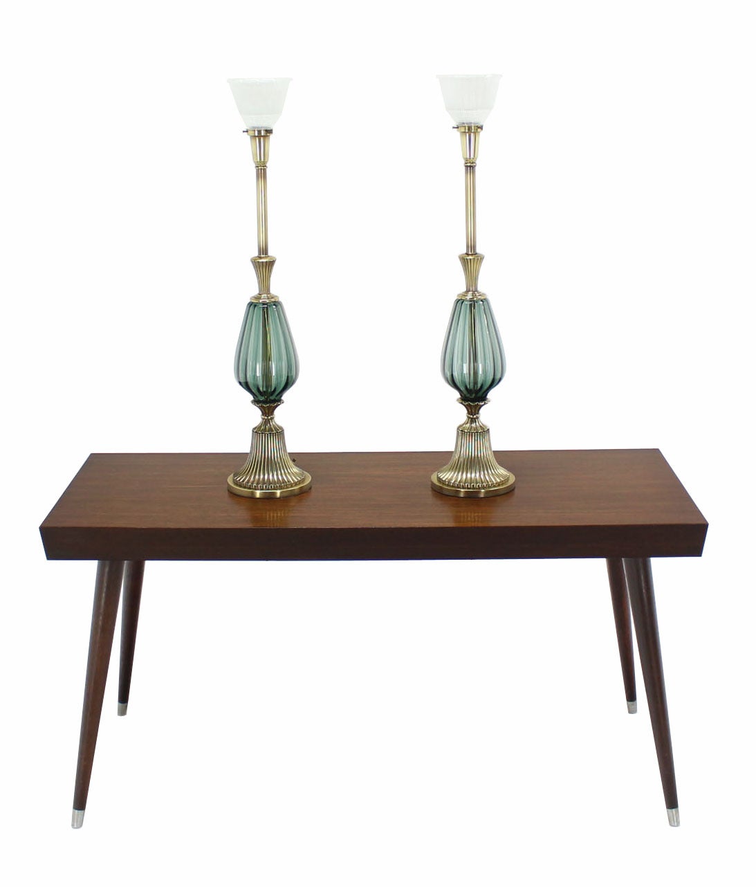 Pair of Brass and Murano Glass Style Modern Table Lamps Fluted Metal Bases. 3