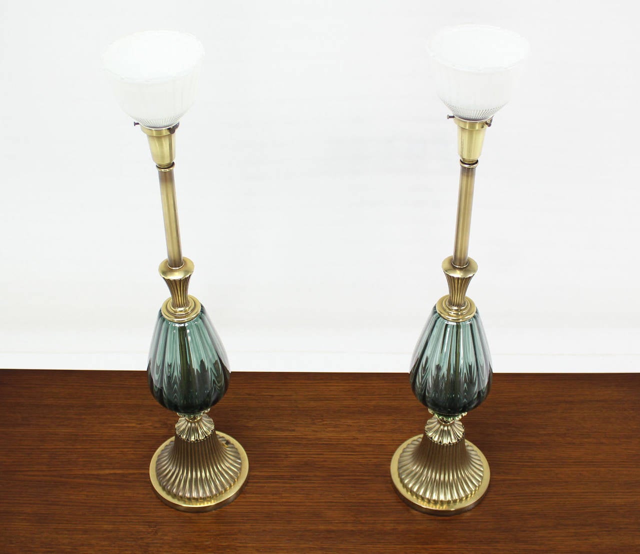 American Pair of Brass and Murano Glass Style Modern Table Lamps Fluted Metal Bases.