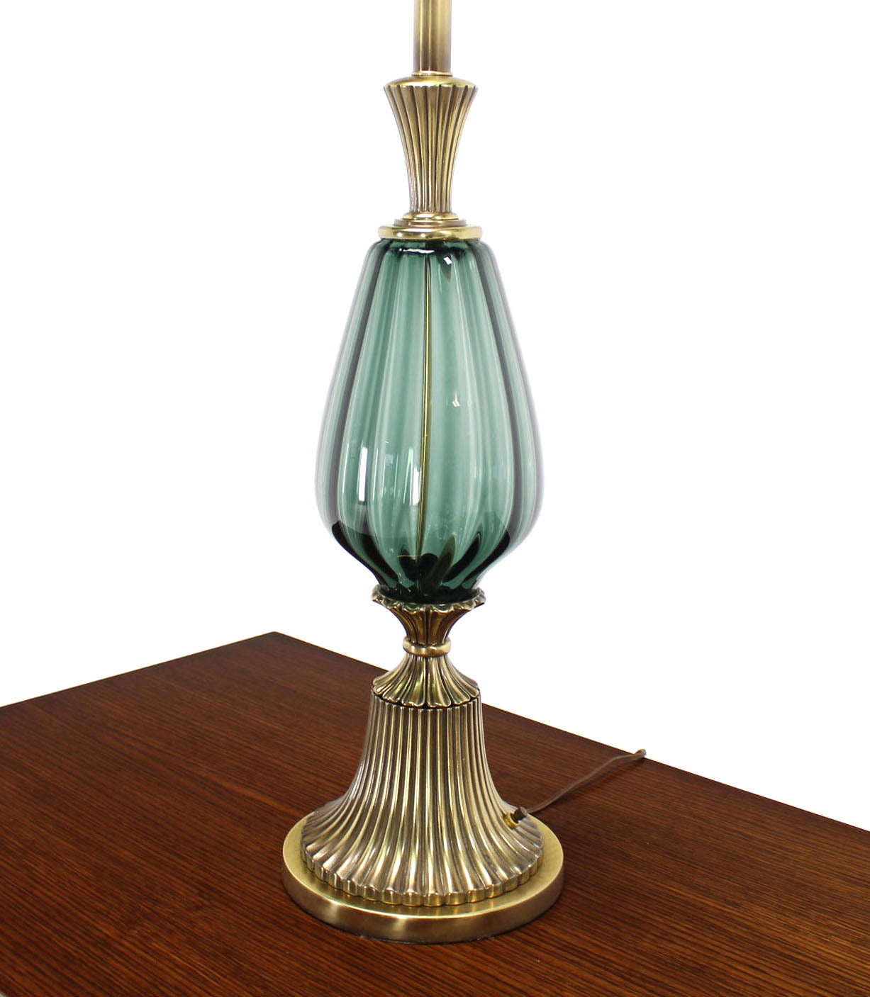 Polished Pair of Brass and Murano Glass Style Modern Table Lamps Fluted Metal Bases.