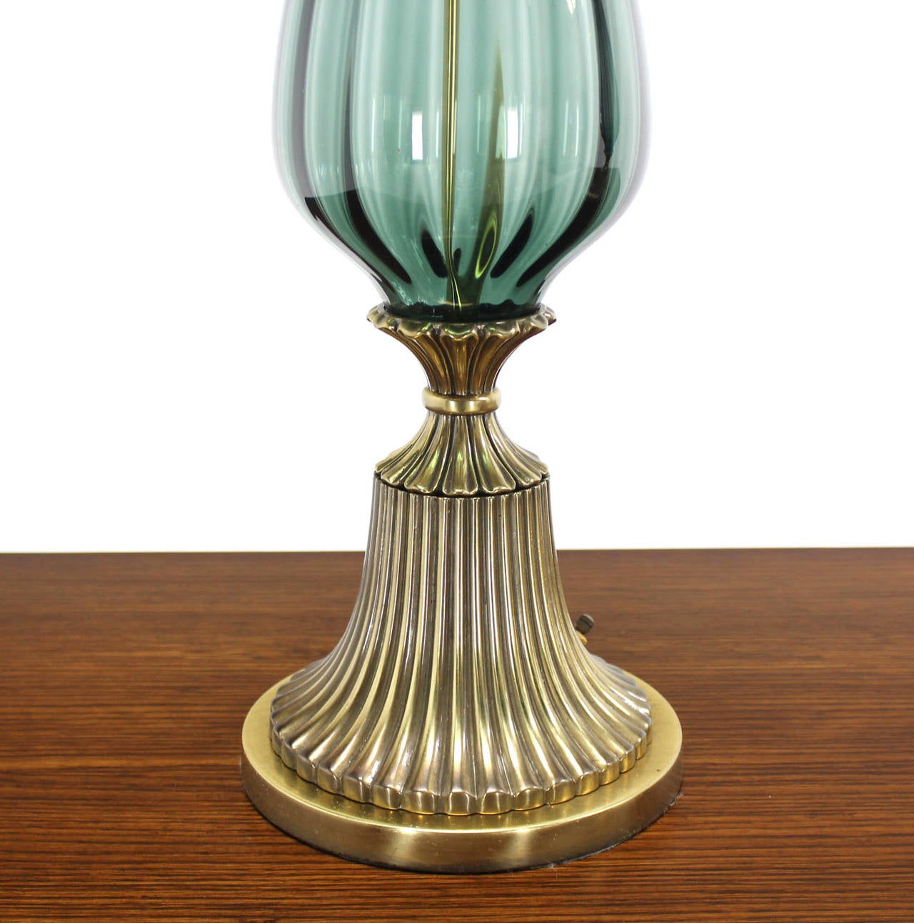 20th Century Pair of Brass and Murano Glass Style Modern Table Lamps Fluted Metal Bases.