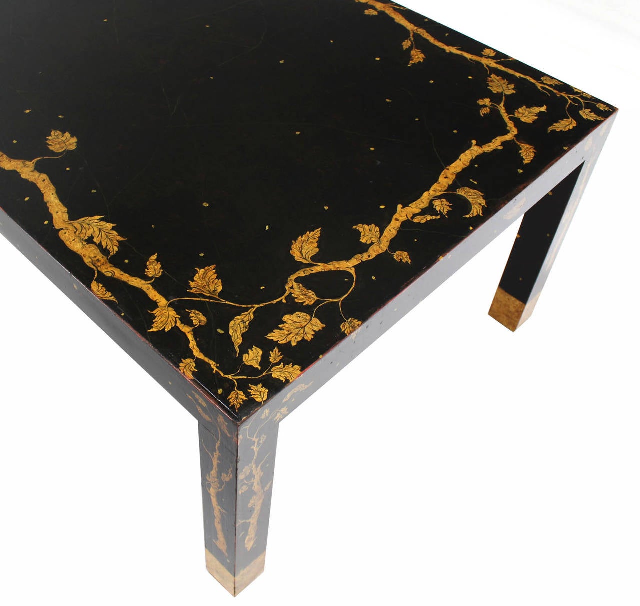 Art Decorated Ebonized Parsons Style Coffee Table In Excellent Condition In Rockaway, NJ