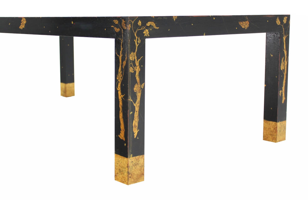 20th Century Art Decorated Ebonized Parsons Style Coffee Table