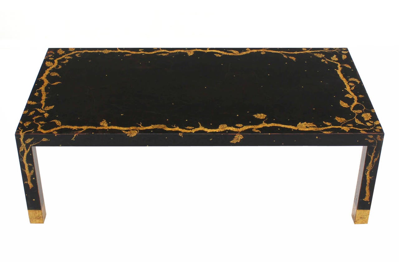 Mid-Century Modern Art Decorated Ebonized Parsons Style Coffee Table